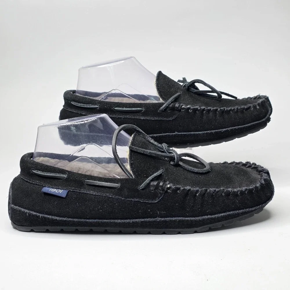 1901 MS Vancouver Men's Slippers Size 7 Black Suede Slip On Faux‎ Fur Moccasin